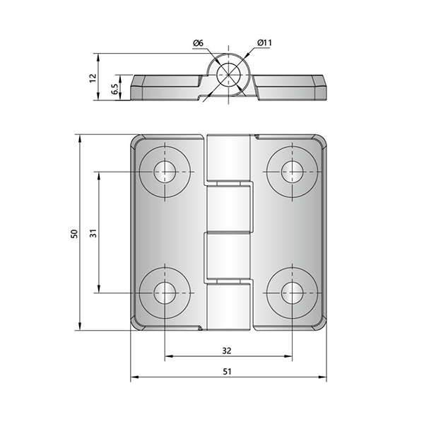  CL050-1T Polyamide and Carbon Steel Hinge, 180° Opening Angle