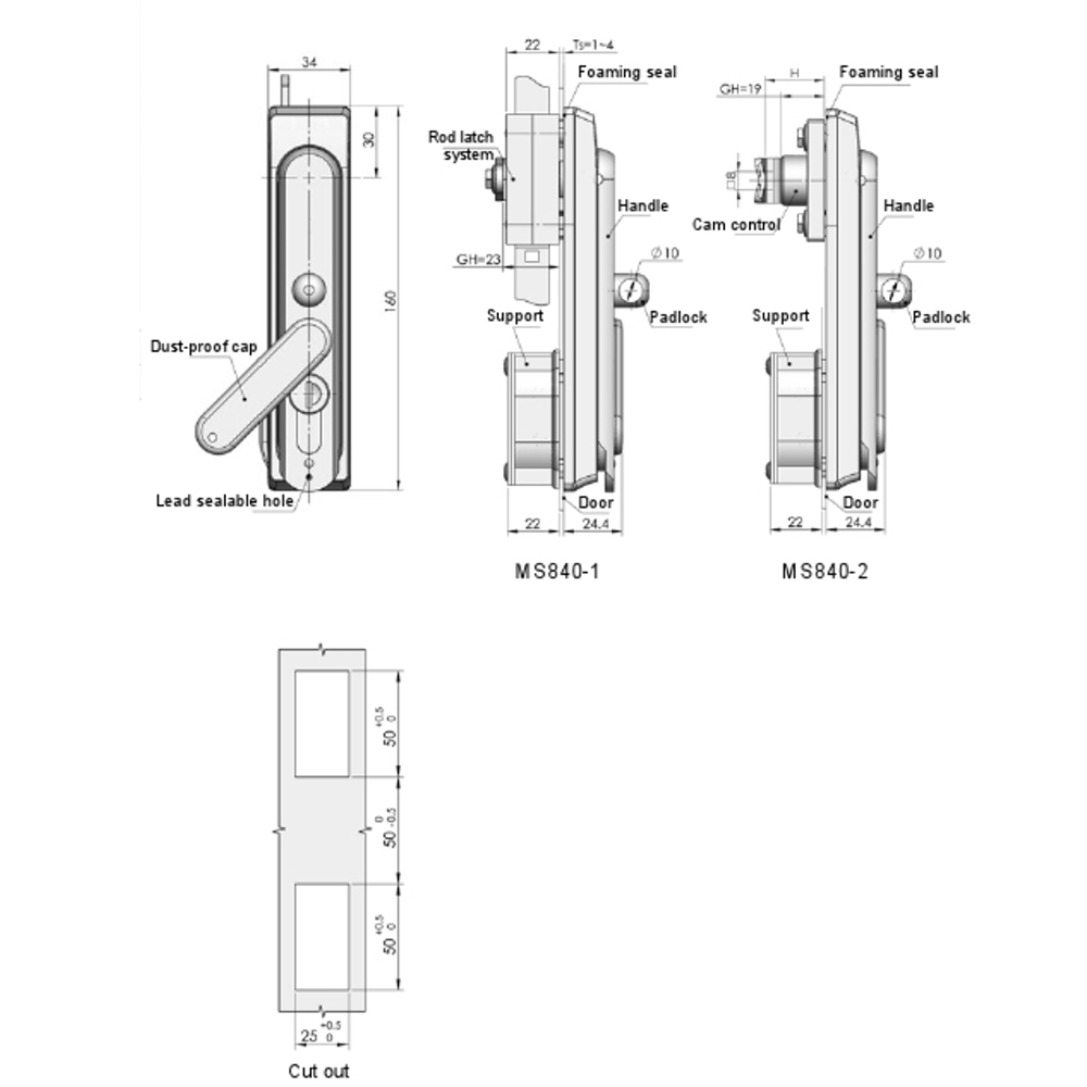 MS840 Multi-Point Compression Latch Actuator, Key Locking, with Padlock Hasp, Black Powder Coated, Adjustable for 1.5 - 3mm Door Thickness