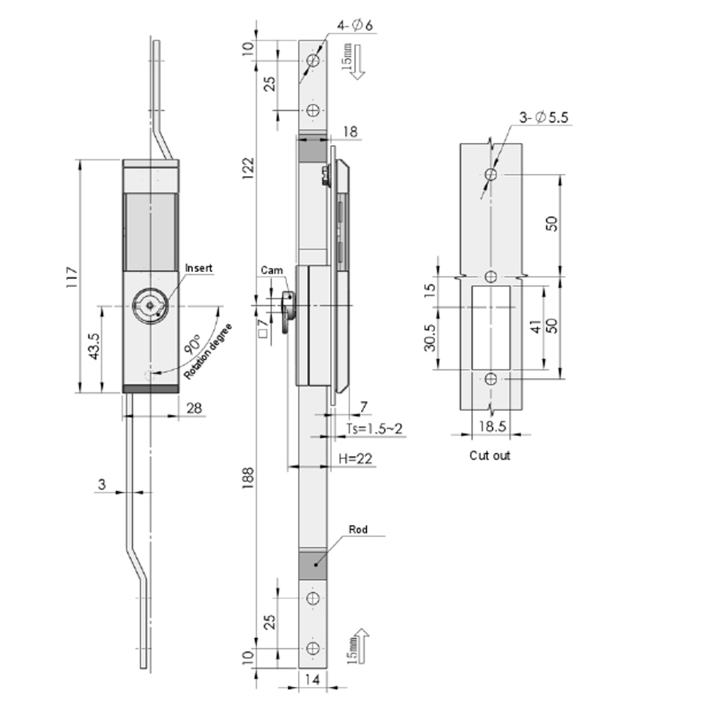 MS821 Rod Control Latch with Zinc Alloy Lock Core and Carbon Steel Rod