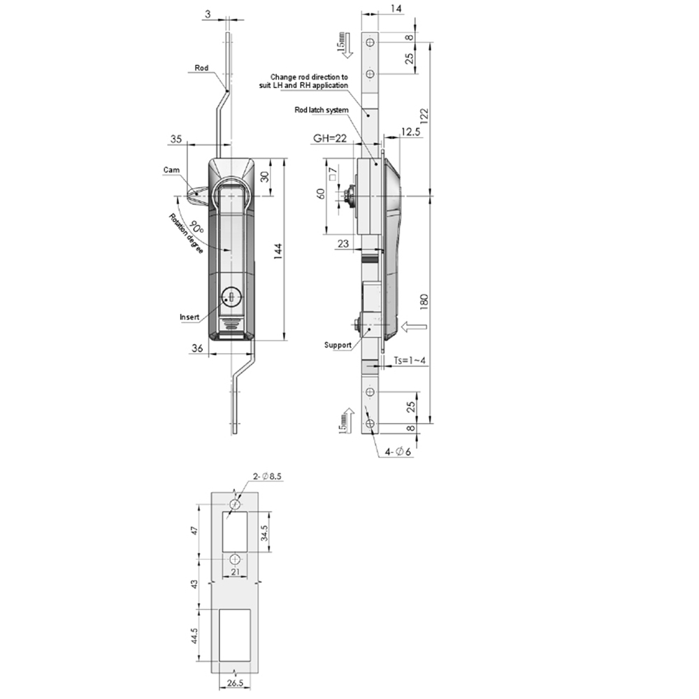 MS828 Rod Control Lock, Multi-Point Control, Key Locking, 1-5mm Panel, Zinc Alloy, Black Powder Coat