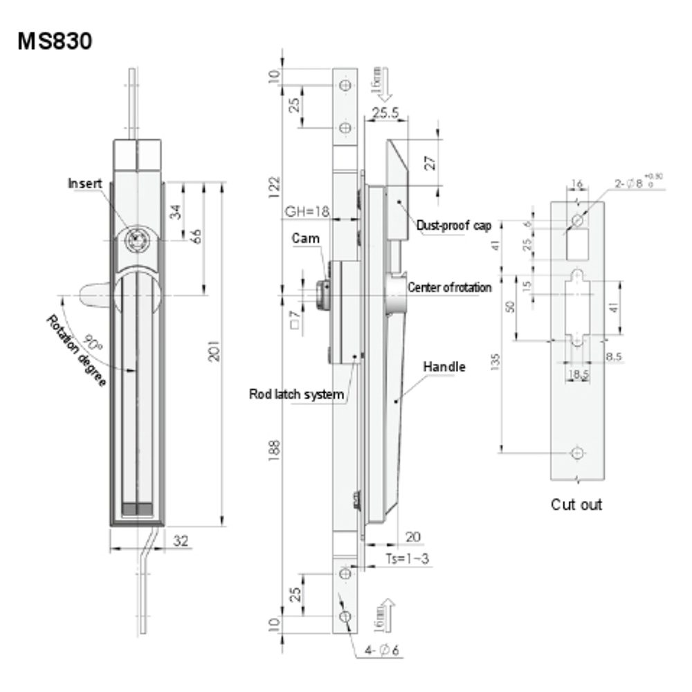 MS830 Rod Control Lock, Multi-Point Locking, Key Locking, Zinc Alloy, with Dust Cover