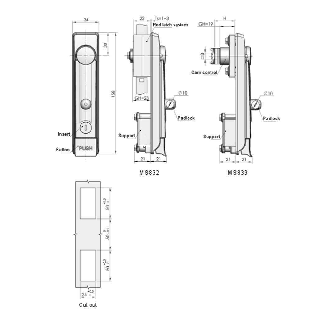 MS832 Rod Control Lock, Key Locking, 180° Handle Rotation, IP54, Zinc Alloy, Black Textured Finish