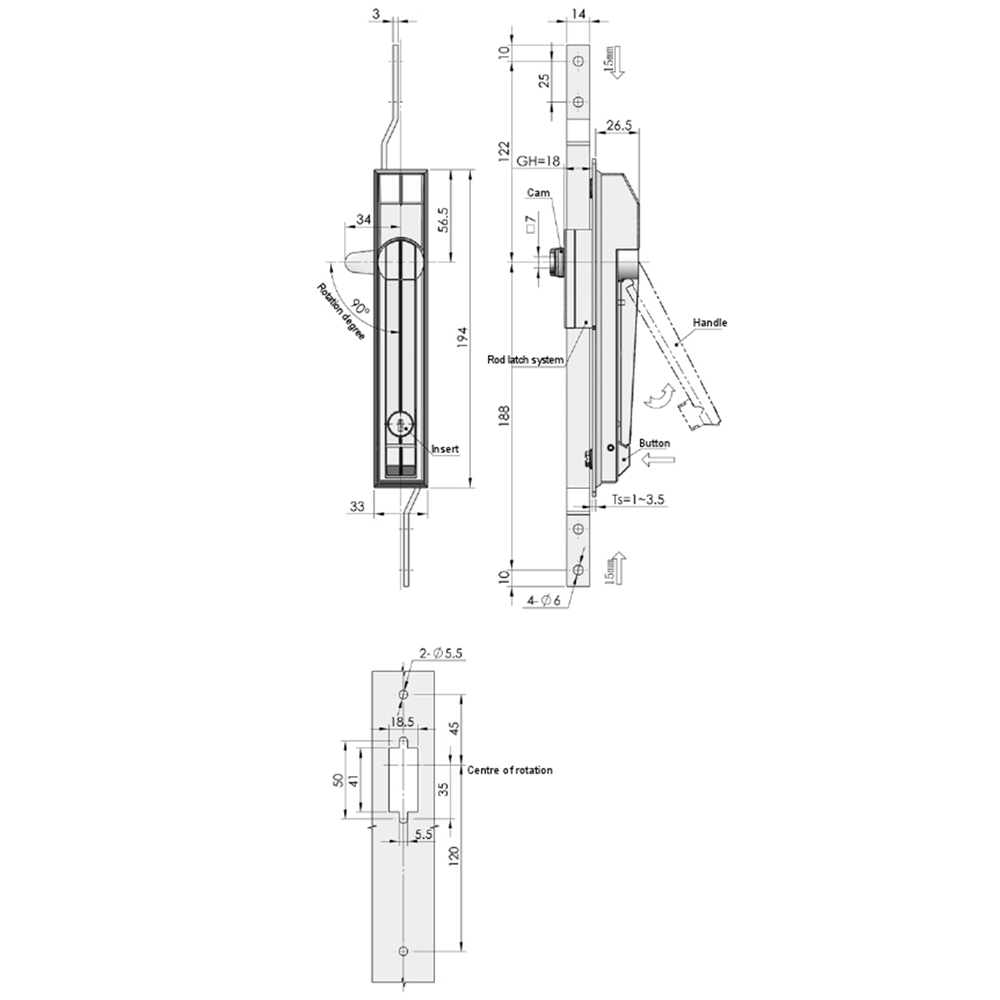 MS829 Rod Control Latch with Zinc Alloy Handle and Carbon Steel Drive Rod