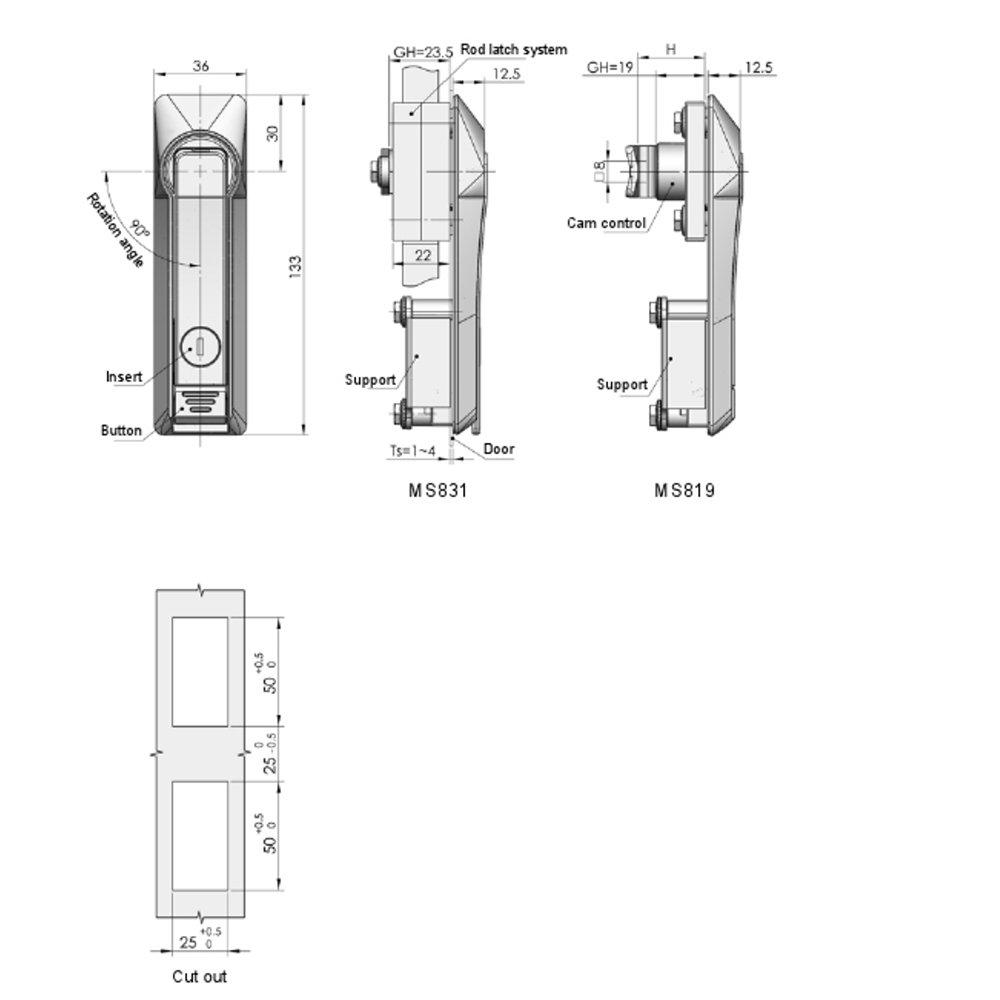 MS831 Rod Control Latch with Zinc Alloy Handle and Carbon Steel Drive Rod