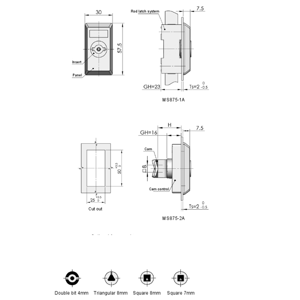 MS875-1A Compact Swing Handle Lock with Tool-Type Cylinder and Transmission Bar, Three-Point Rod System