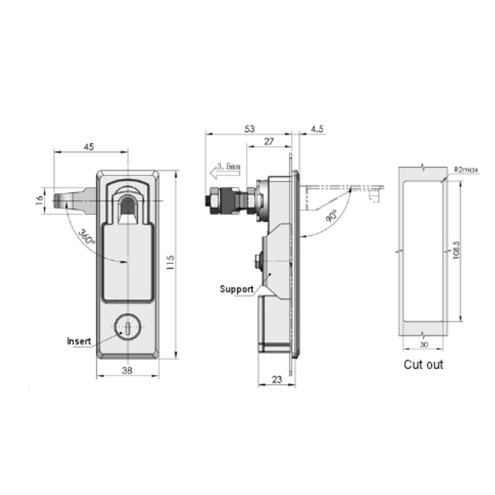 MS727 Swinghandle Latch, Key Locking, Adjustable Stop Depth, Zinc Alloy, Black Powder Coated