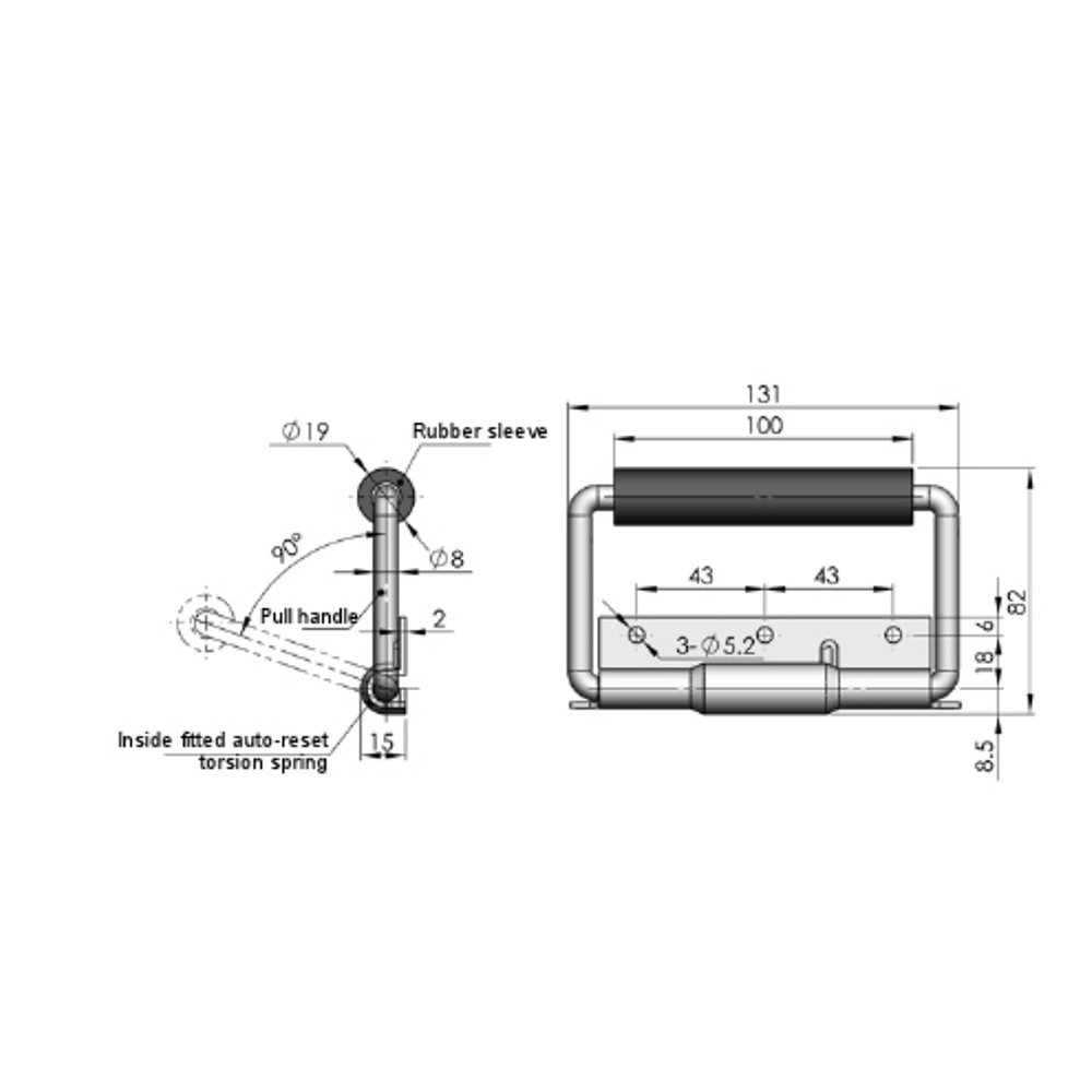 LS504-2 Aluminum Crate Handle, 840N Max Static Load, Rubber-Coated Pull Ring