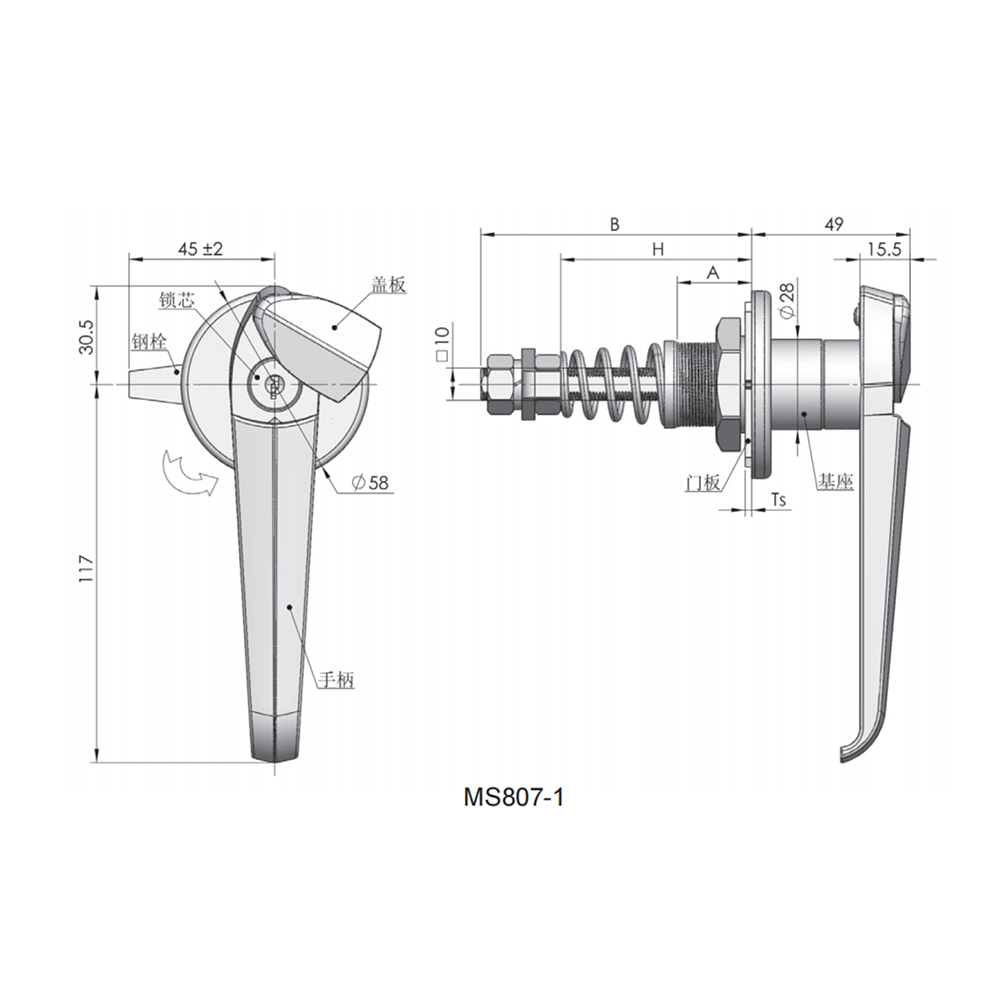 MS807 Series L-Handle Compression Cam Lock, Zinc Alloy, Adjustable Steel Bolt, Chrome-Plated Finish