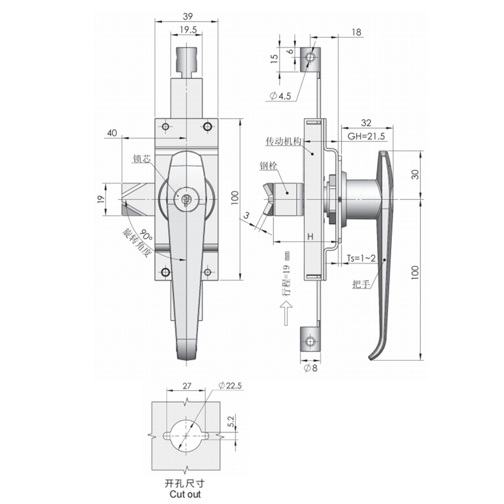 MS310 L-Handle Cam Lock, Zinc Alloy, 90° Rotation, Key Lockable, Chrome-Plated with Three-Point Locking