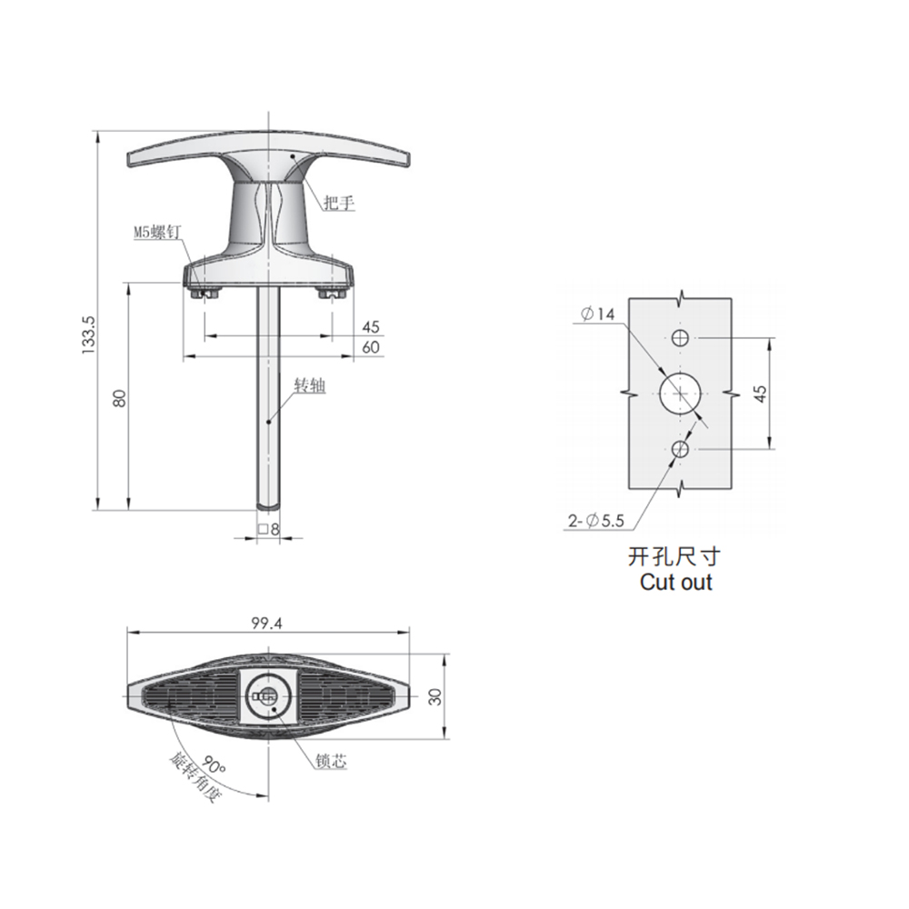 MS316 T-Handle Lock, Zinc Alloy, 90° Turn, Key Lockable, Chrome-Plated, High Load Capacity