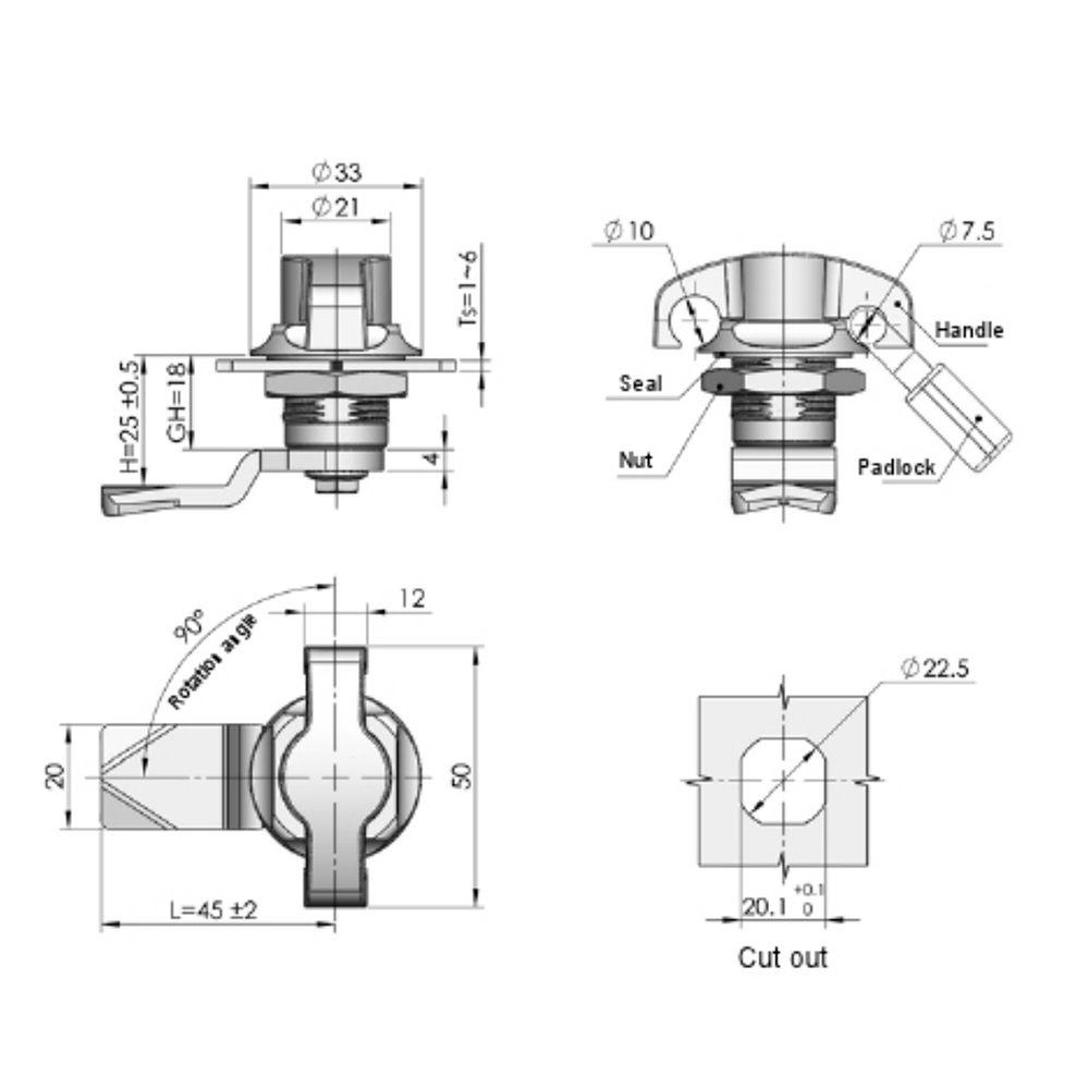 MS714-3 Cam Lock with Black Textured Finish Handle, Zinc Alloy Base, 90° Turn Lock