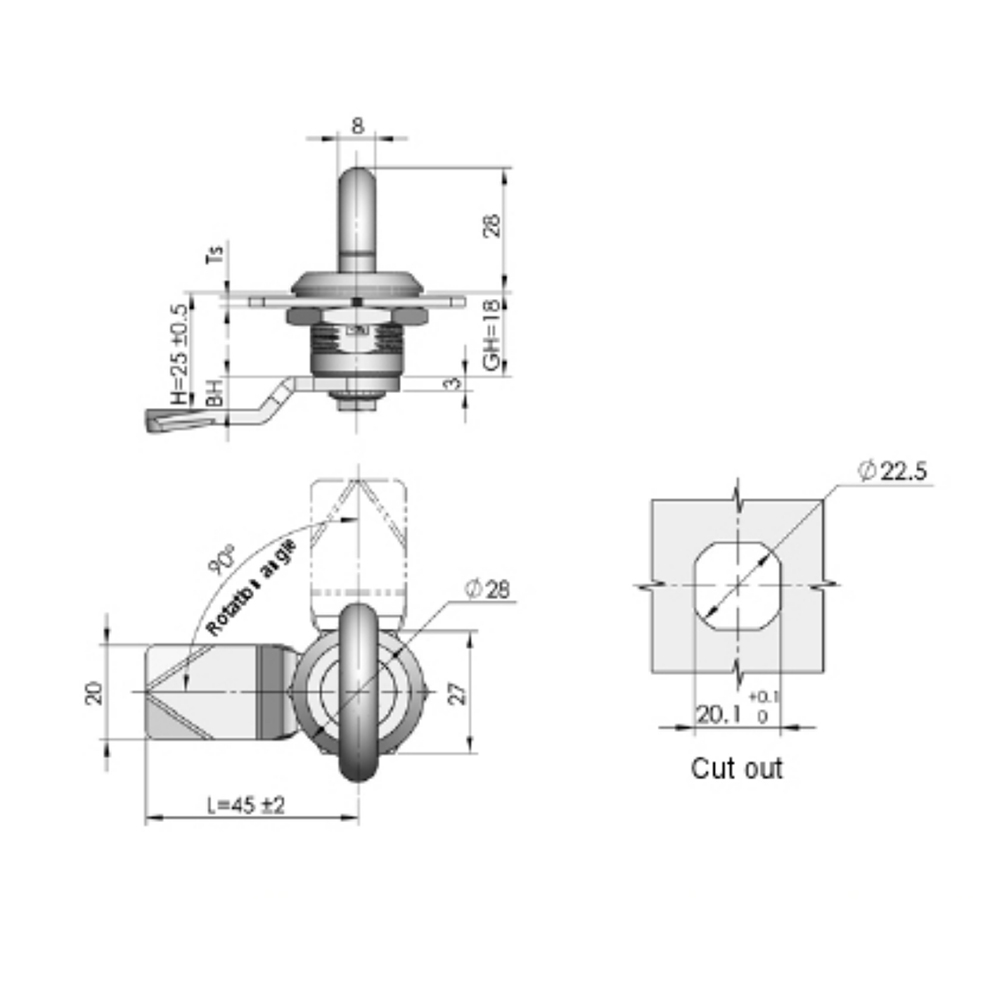 MS715 Industrial Cam Lock, Zinc Alloy or PA Base, 90° Turn Handle Lock