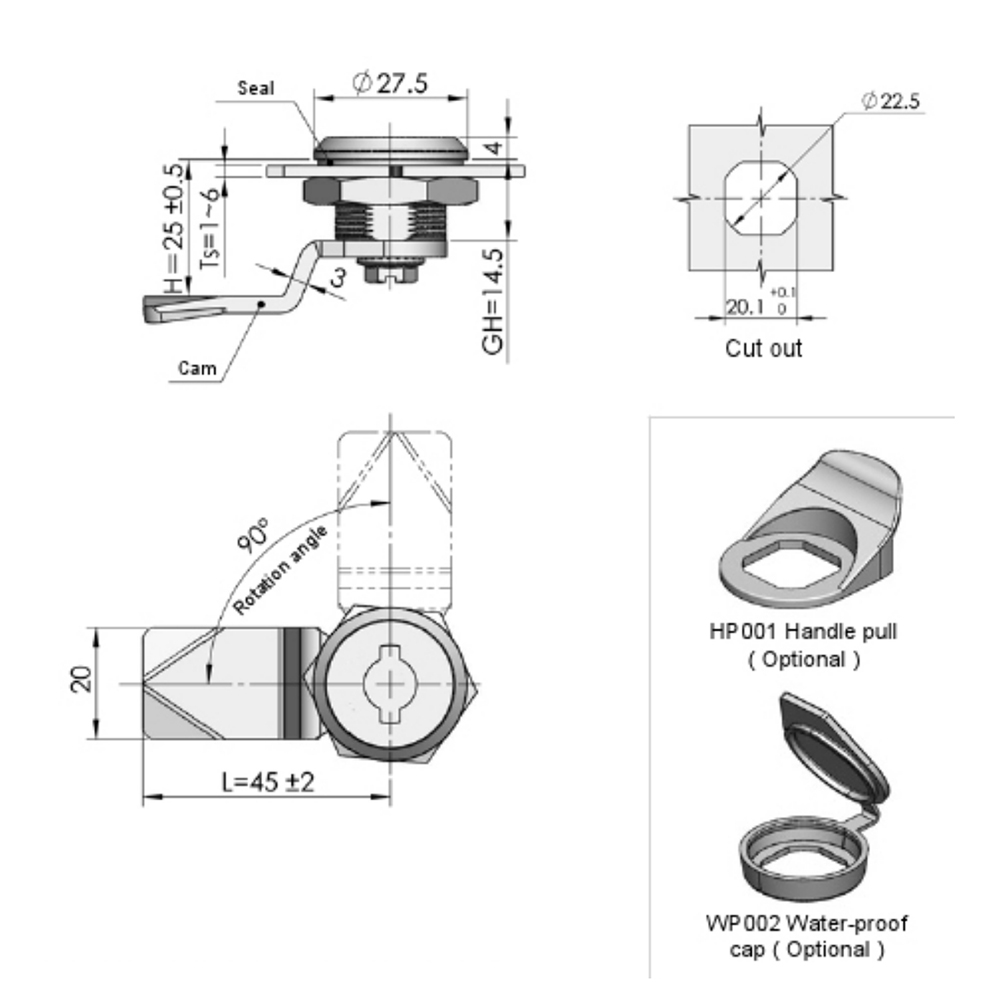 MS722 Cam Lock with Polished Chrome Finish, Zinc Alloy Base, 90° Turn Lock