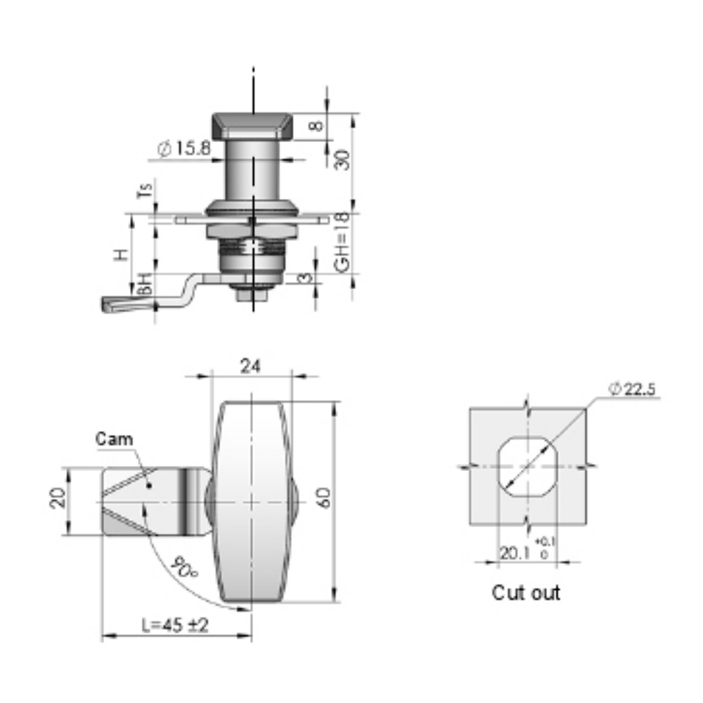 MS705-3U Cam Lock, Zinc Alloy or PA Base, 90° Rotation, White Zinc-Plated Finish