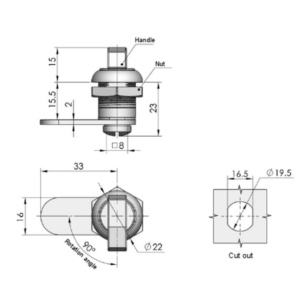 MS745-1/MS745-2 Cam Lock with Zinc Alloy Base, 90° Turn Lock