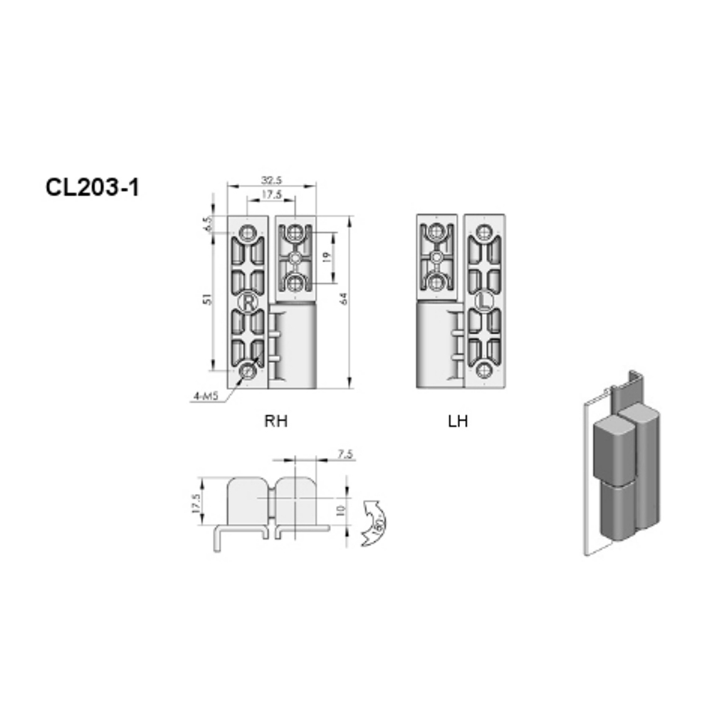 CL203 Series Offset Concealed Hinge - Zinc Alloy with PA Pad, 180° Lift-Off Hinge