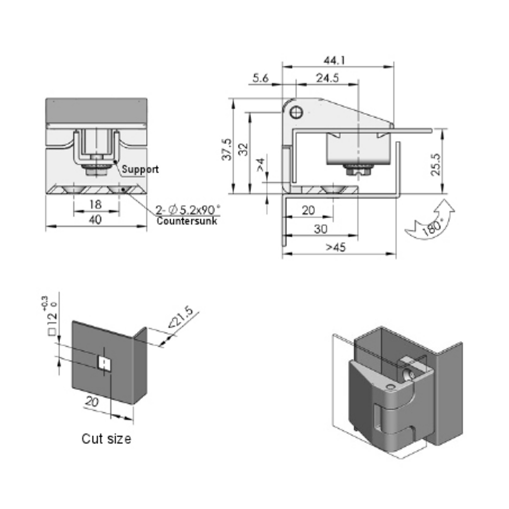 CL202-1 Concealed Hinge, Heavy-Duty 180° Opening Angle, Zinc Alloy and Steel Construction, Black Finish - Ideal for Industrial and Cabinet Applications