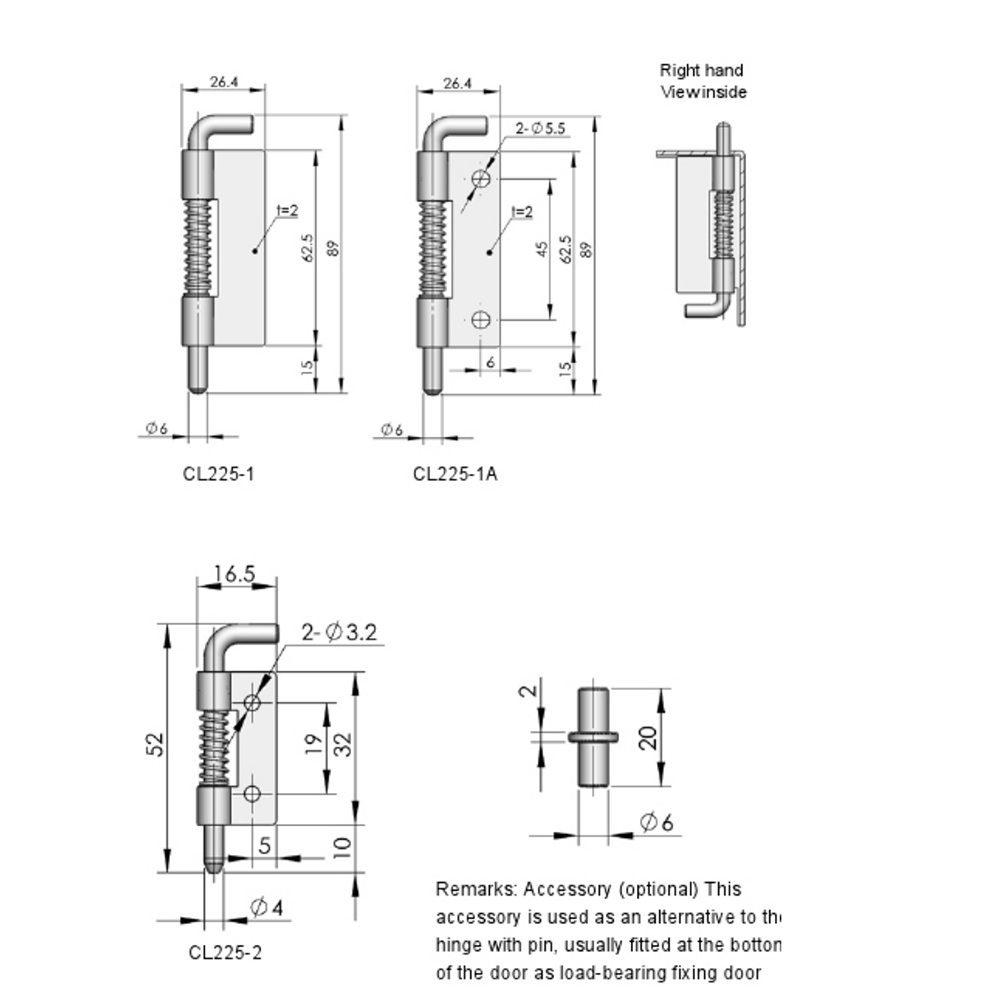 CL225-1 Removable Hinge, Carbon Steel, Zinc Plating, Right/Left Door Options