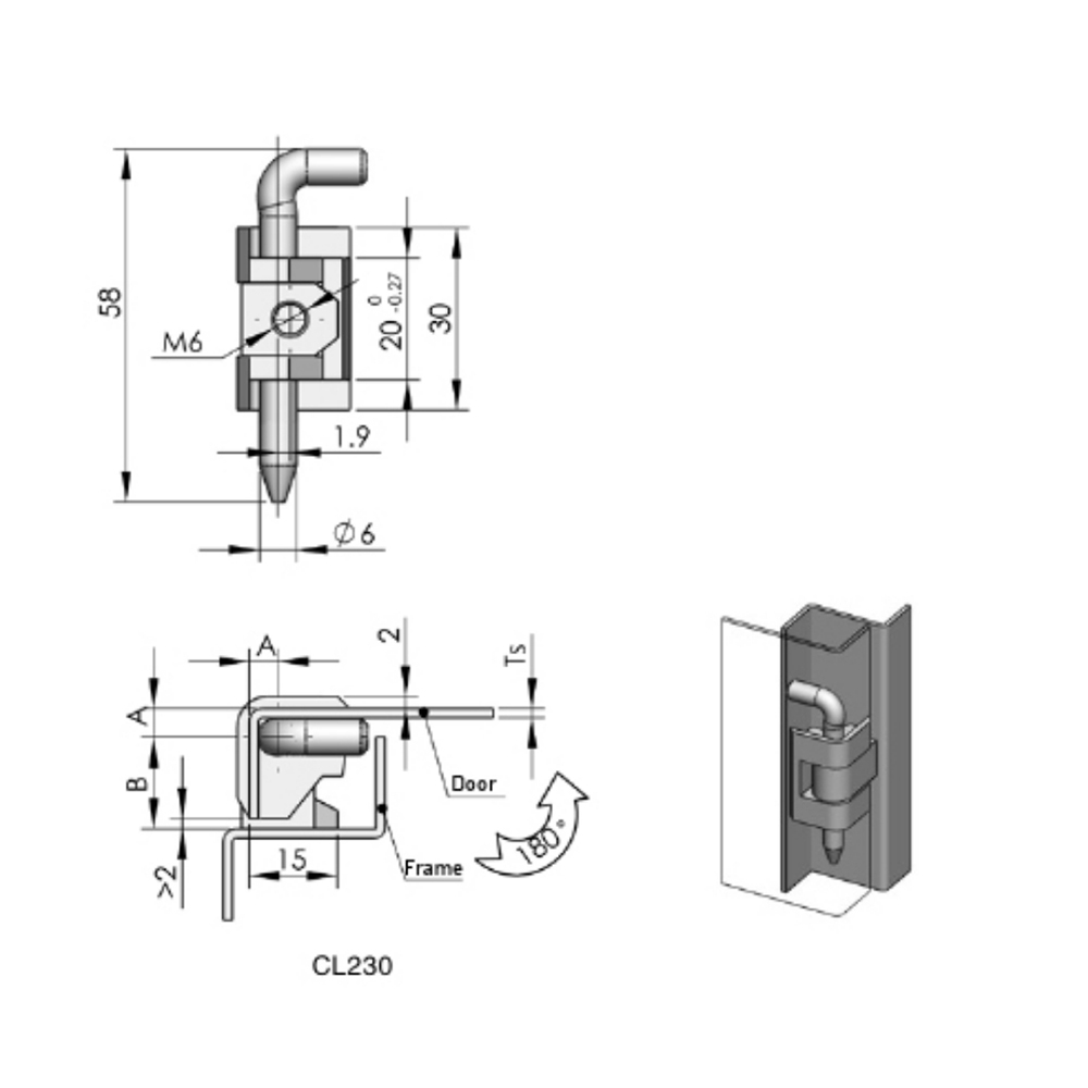 CL230 Series Lift-Off Hinge, Zinc Alloy, Black Powder Coated, 180° Opening