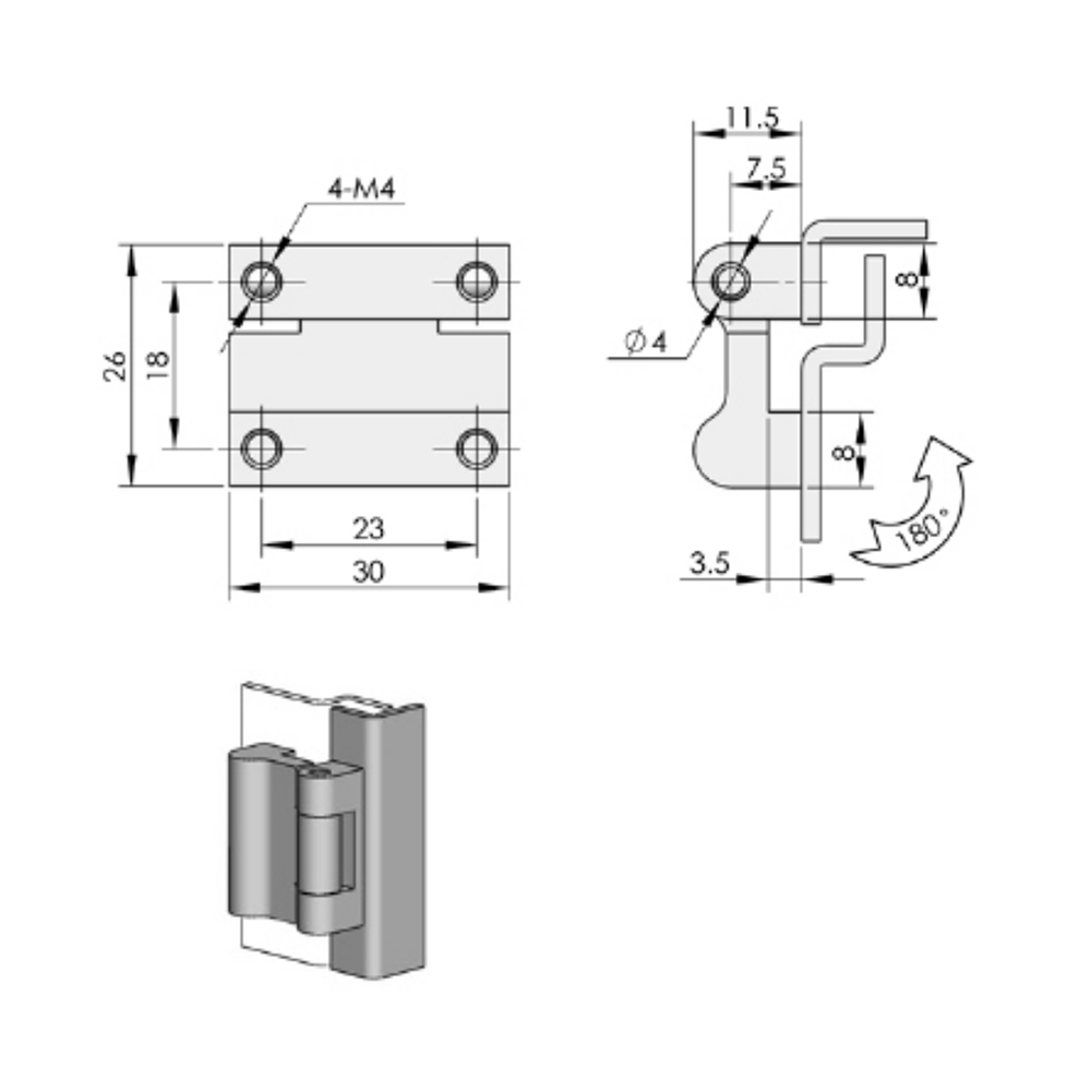 CL234 Concealed Hinge, 180° Opening Angle, Zinc Alloy, Black Powder Coated