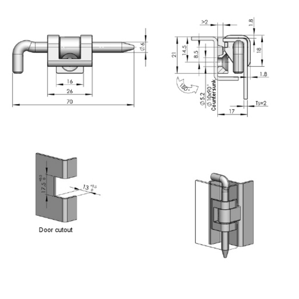 CL104 Corner Hinge, Removable Hinge, 180° Rotation, Zinc Alloy, Black Coated