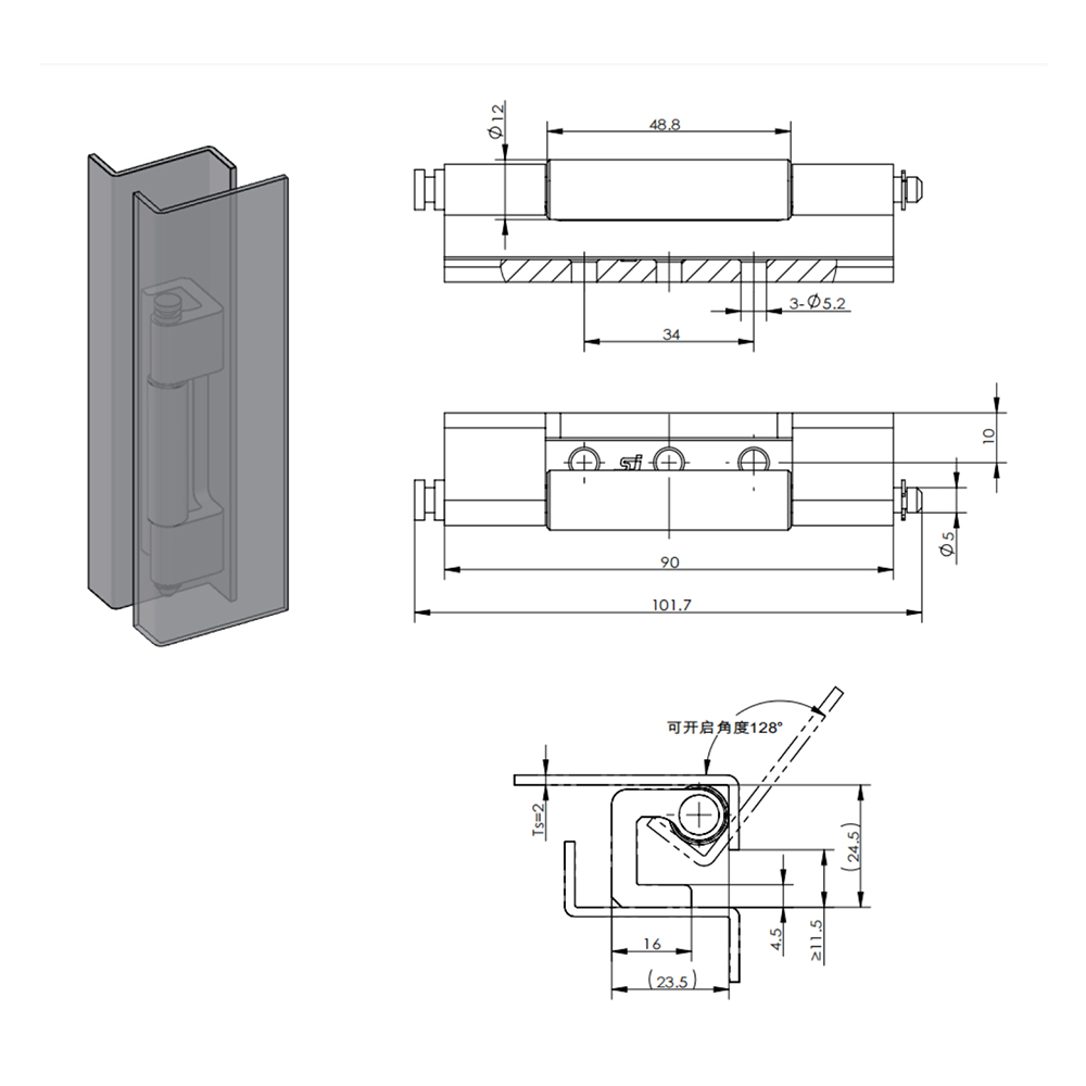 CL132-2 Concealed Hinge, 90° Opening, Electrolytic Finish, Stainless Steel Construction