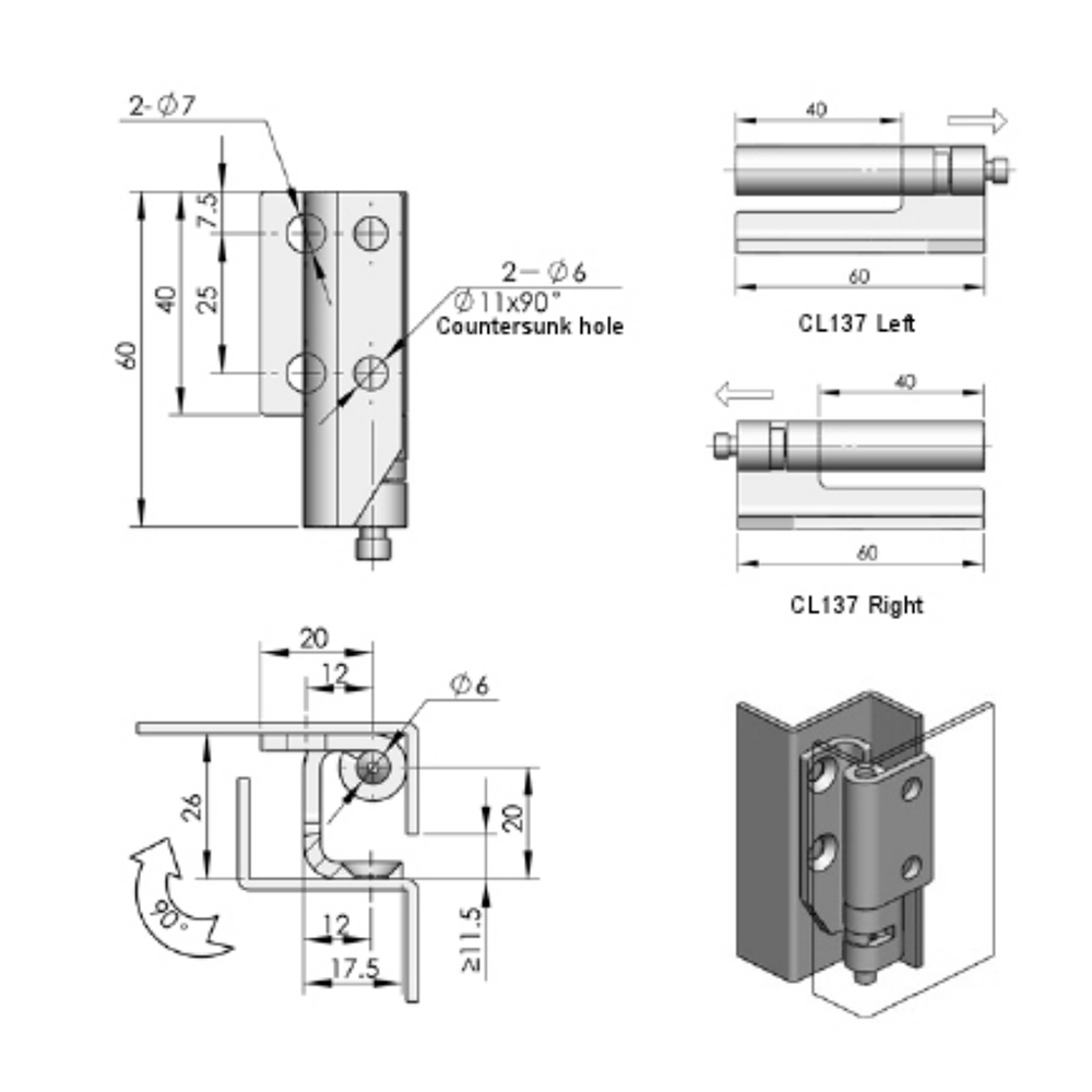 CL137 Concealed Hinge, 135° Opening Angle