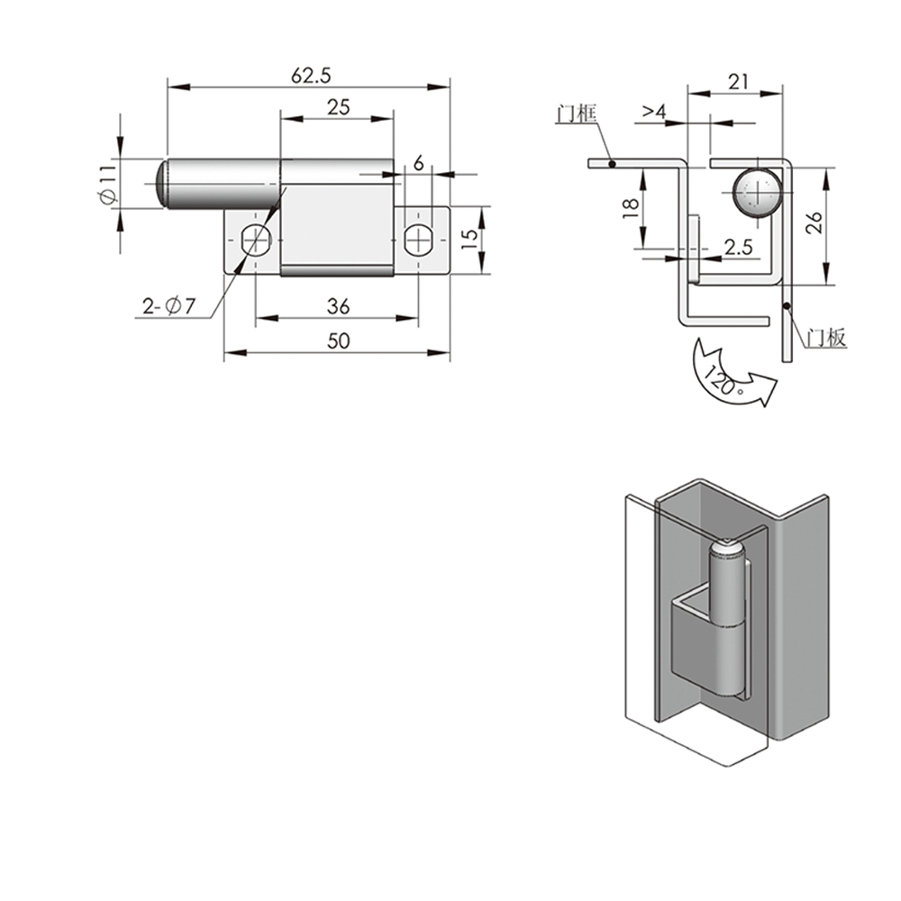 CL296 Zinc-Plated Steel Hinge - 120° Opening Angle