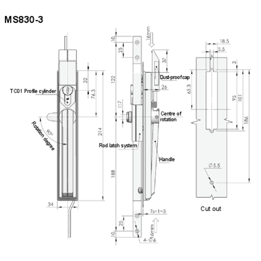 MS830 Rod Control Lock, Multi-Point Locking, Key Locking, Zinc Alloy, with Dust Cover