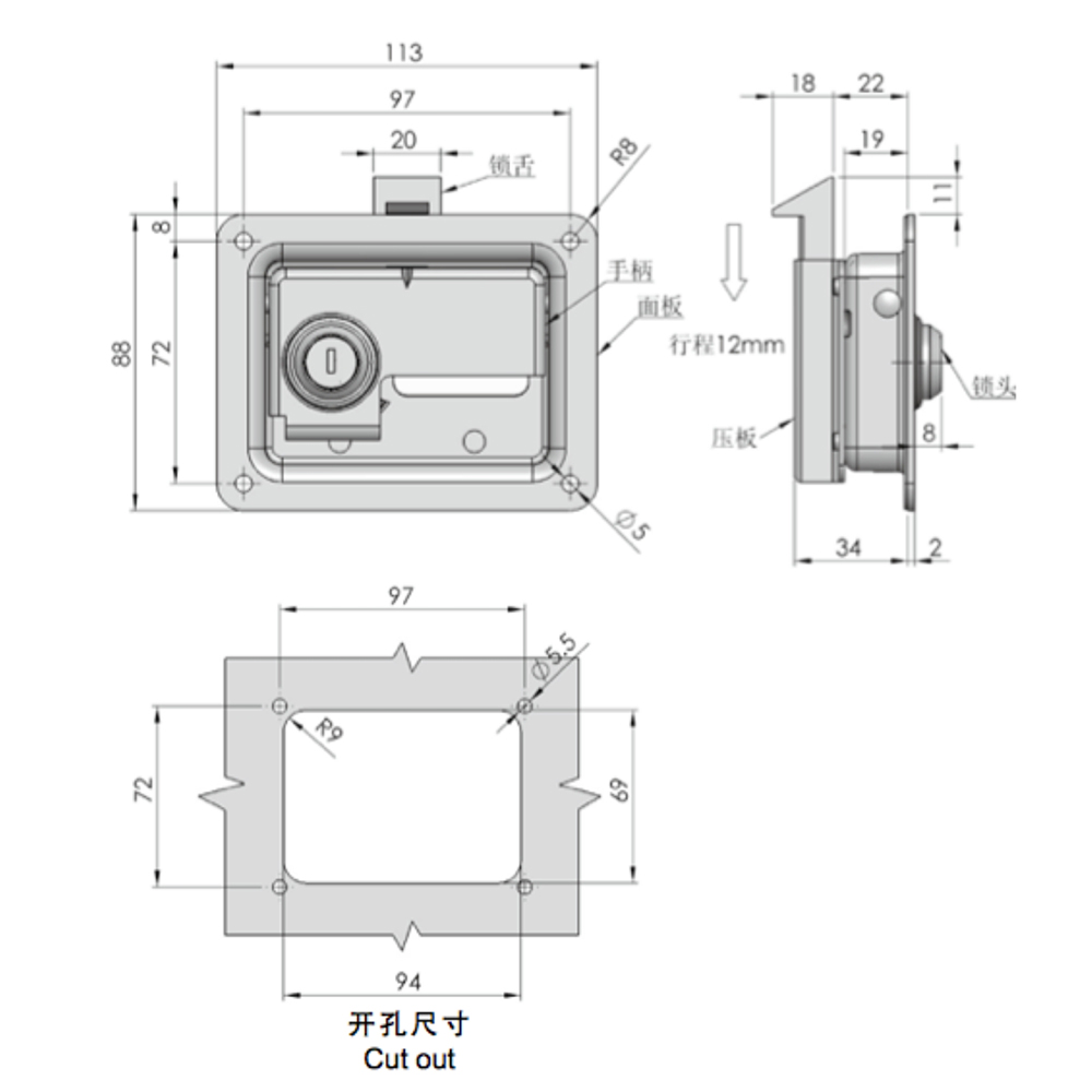 MS866-22 Push-to-Close Compression Latch with Stainless Steel (or Carbon Steel) Body and Zinc Alloy Locking Mechanism