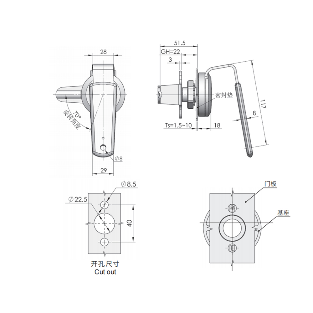 MS812-1/MS812-2 Cam Lock with Zinc Alloy Base, Chrome Finish, 70°/90° Turn Lock