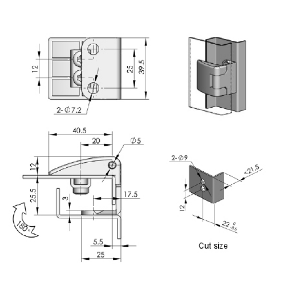 CL202-1 Concealed Hinge, Heavy-Duty 180° Opening Angle, Zinc Alloy and Steel Construction, Black Finish - Ideal for Industrial and Cabinet Applications