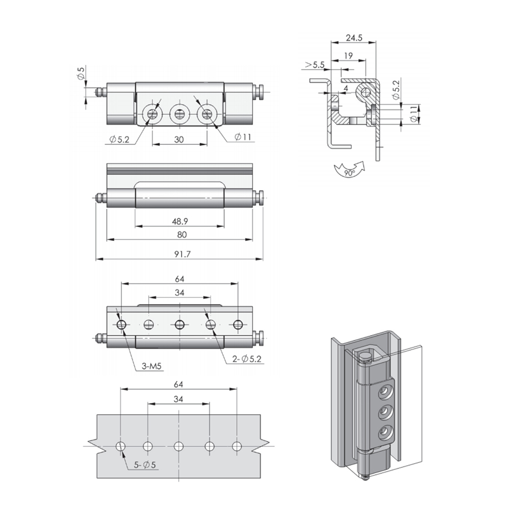 CL132-2 Concealed Hinge, 90° Opening, Electrolytic Finish, Stainless Steel Construction