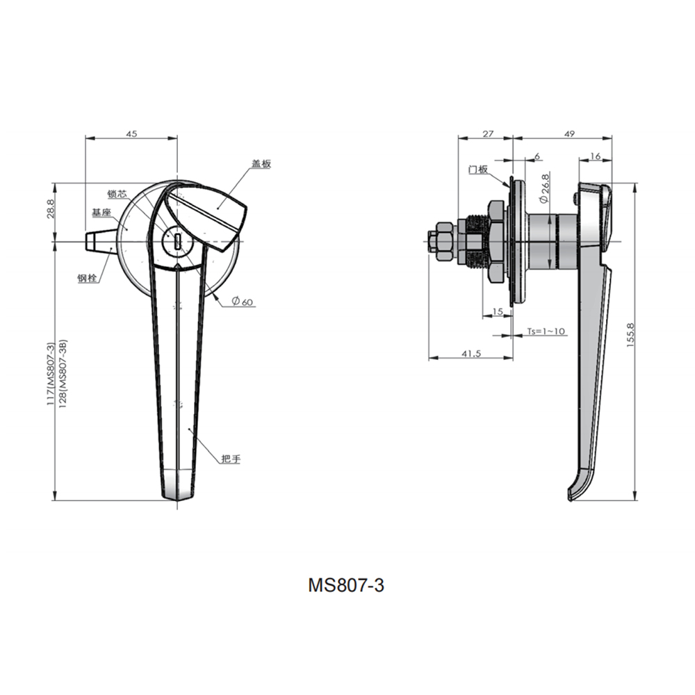 MS807 Series L-Handle Compression Cam Lock, Zinc Alloy, Adjustable Steel Bolt, Chrome-Plated Finish