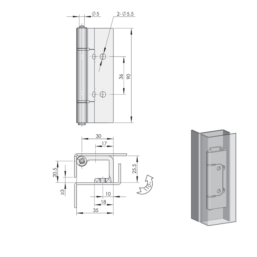 CL132-2 Concealed Hinge, 90° Opening, Electrolytic Finish, Stainless Steel Construction