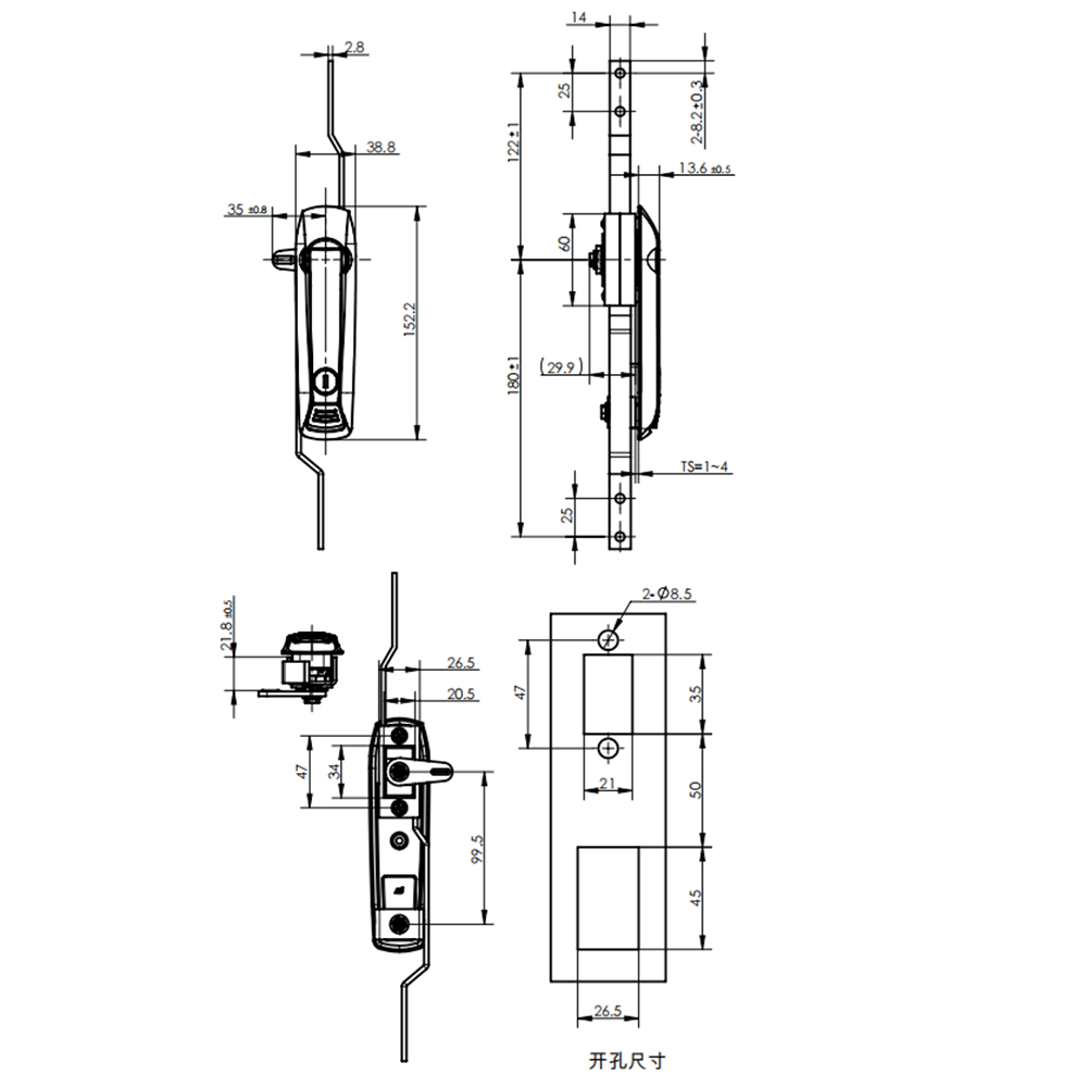 MS828 Rod Control Lock, Multi-Point Control, Key Locking, 1-5mm Panel, Zinc Alloy, Black Powder Coat