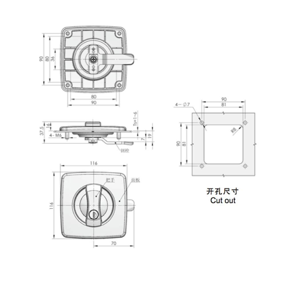 MS870 - Black PA Flush Latch with Lock for Industrial Applications