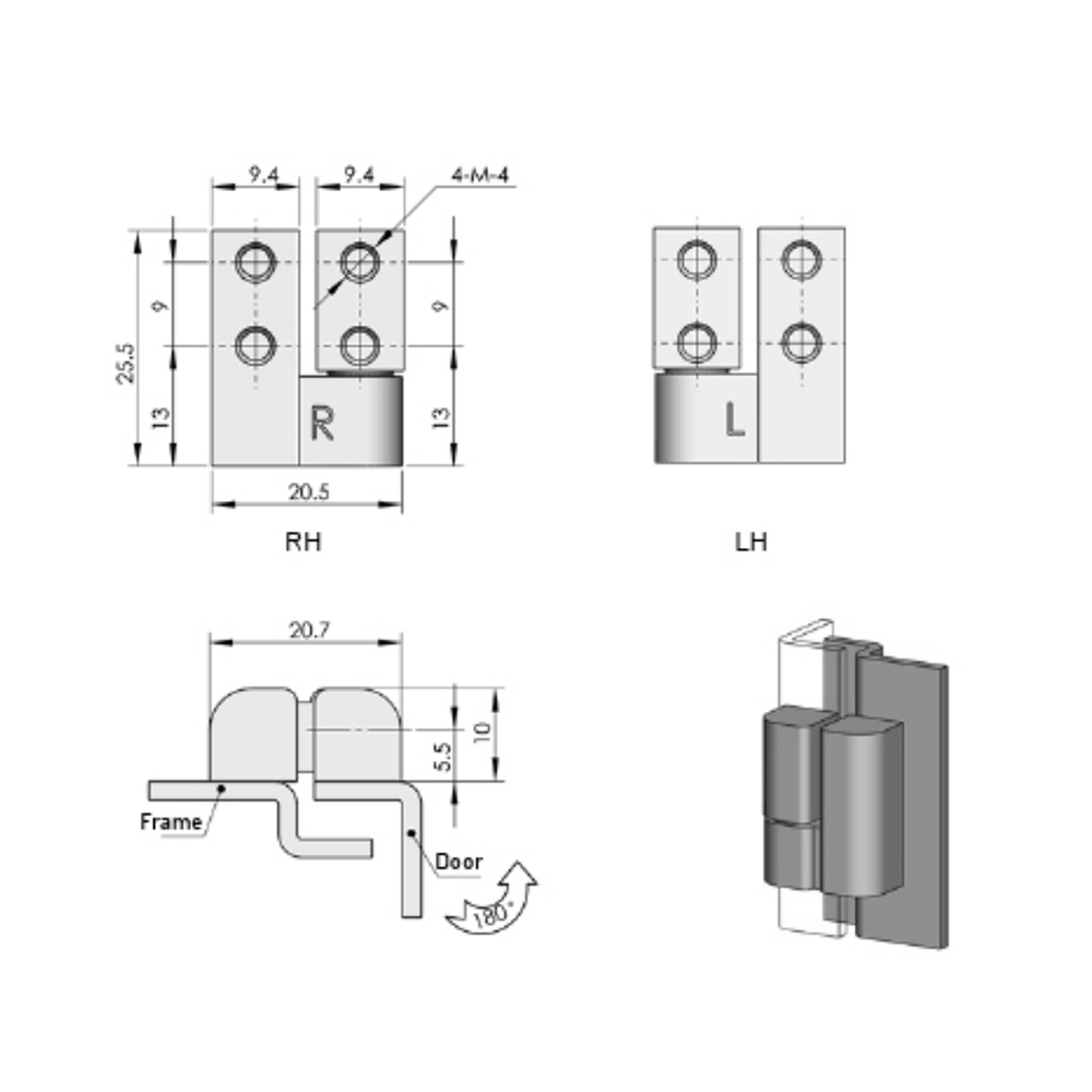 CL203 Series Offset Concealed Hinge - Zinc Alloy with PA Pad, 180° Lift-Off Hinge