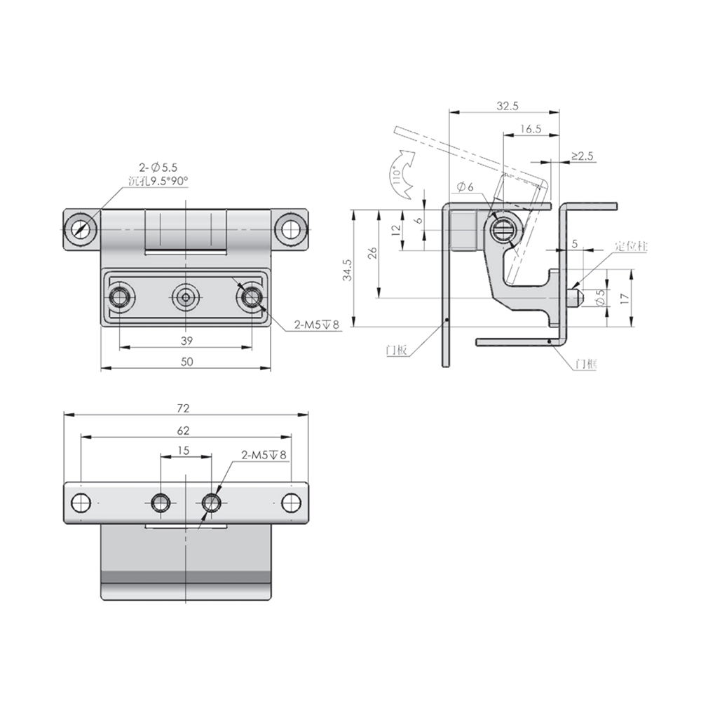 CL237 Corner Hinge, Lift-Off Removable Hinge, 90° Opening, Zinc Alloy, Sand Blasted Finish