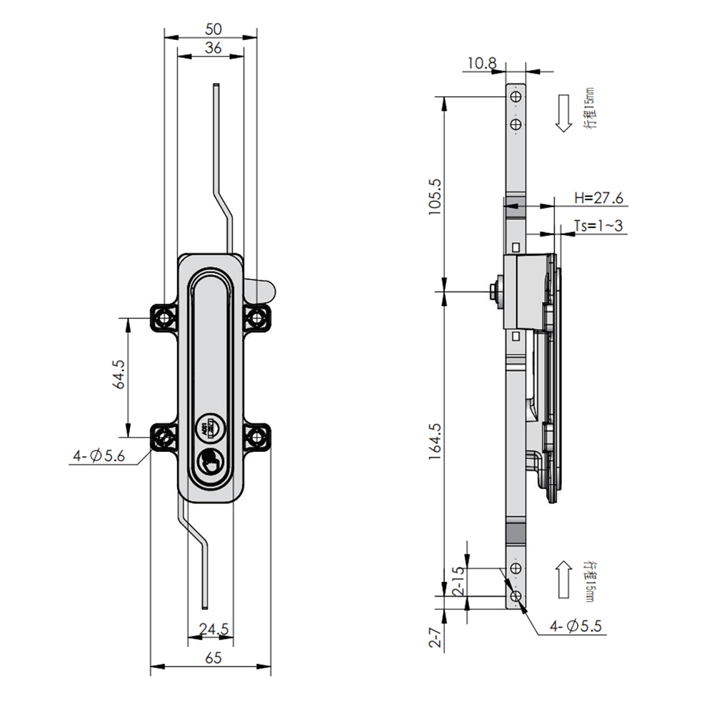 MS840 Multi-Point Compression Latch Actuator, Key Locking, with Padlock Hasp, Black Powder Coated, Adjustable for 1.5 - 3mm Door Thickness