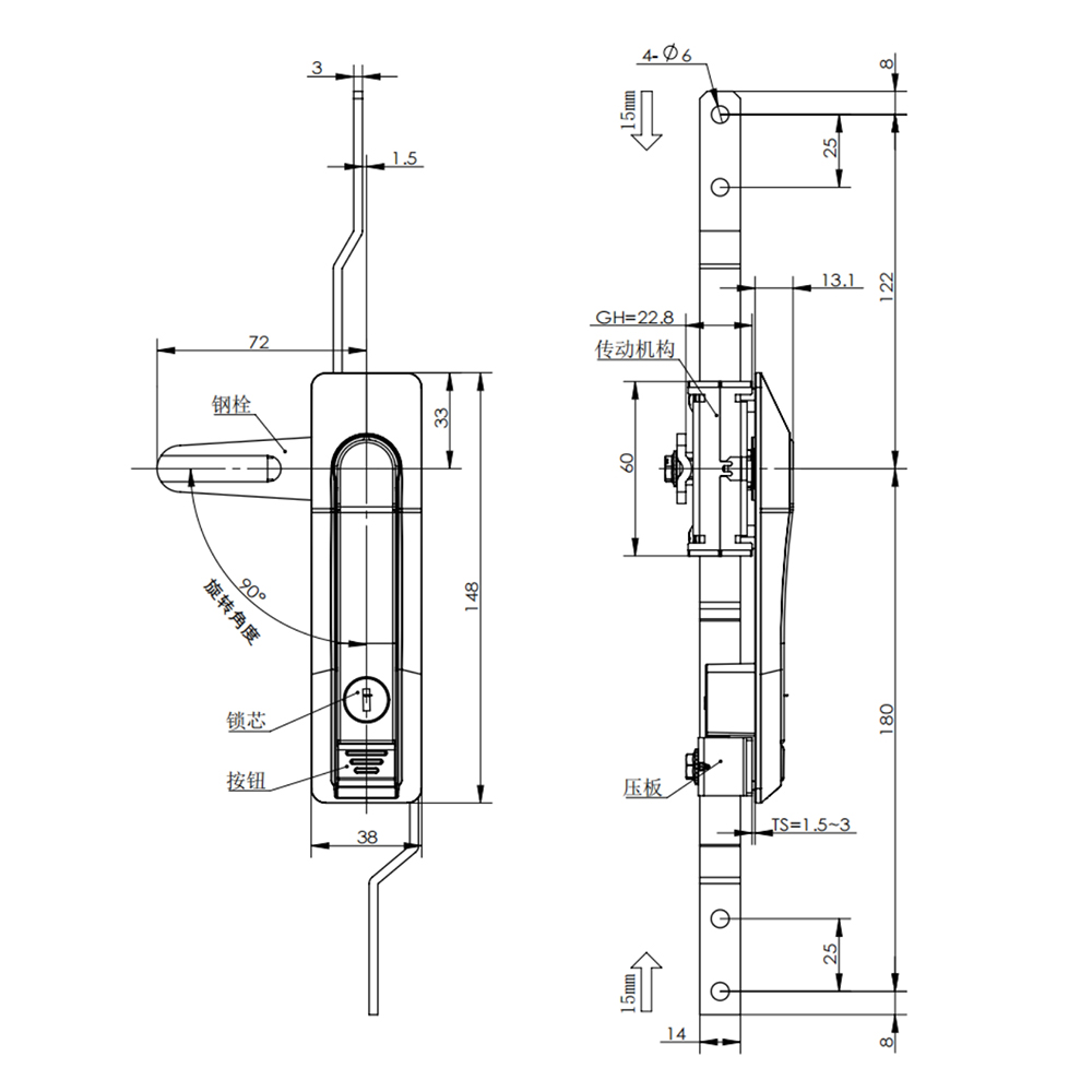 MS828 Rod Control Lock, Multi-Point Control, Key Locking, 1-5mm Panel, Zinc Alloy, Black Powder Coat