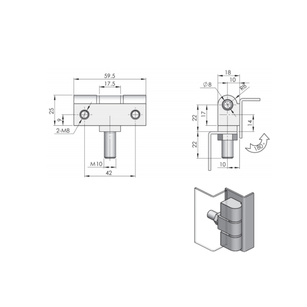 CL206-3 Concealed Hinge, Carbon Steel, 180-Degree Opening, High Load Capacity