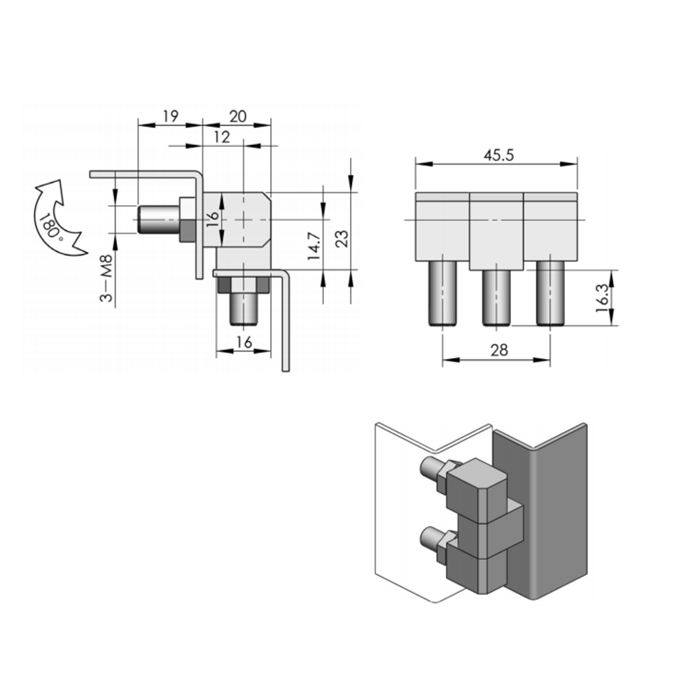 CL206-3 Concealed Hinge, Carbon Steel, 180-Degree Opening, High Load Capacity