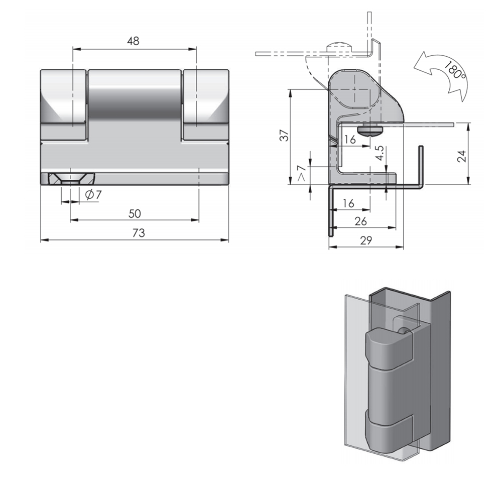 CL213-3 Concealed Hinge, Zinc Alloy, 180-Degree Opening Angle, High Load Capacity