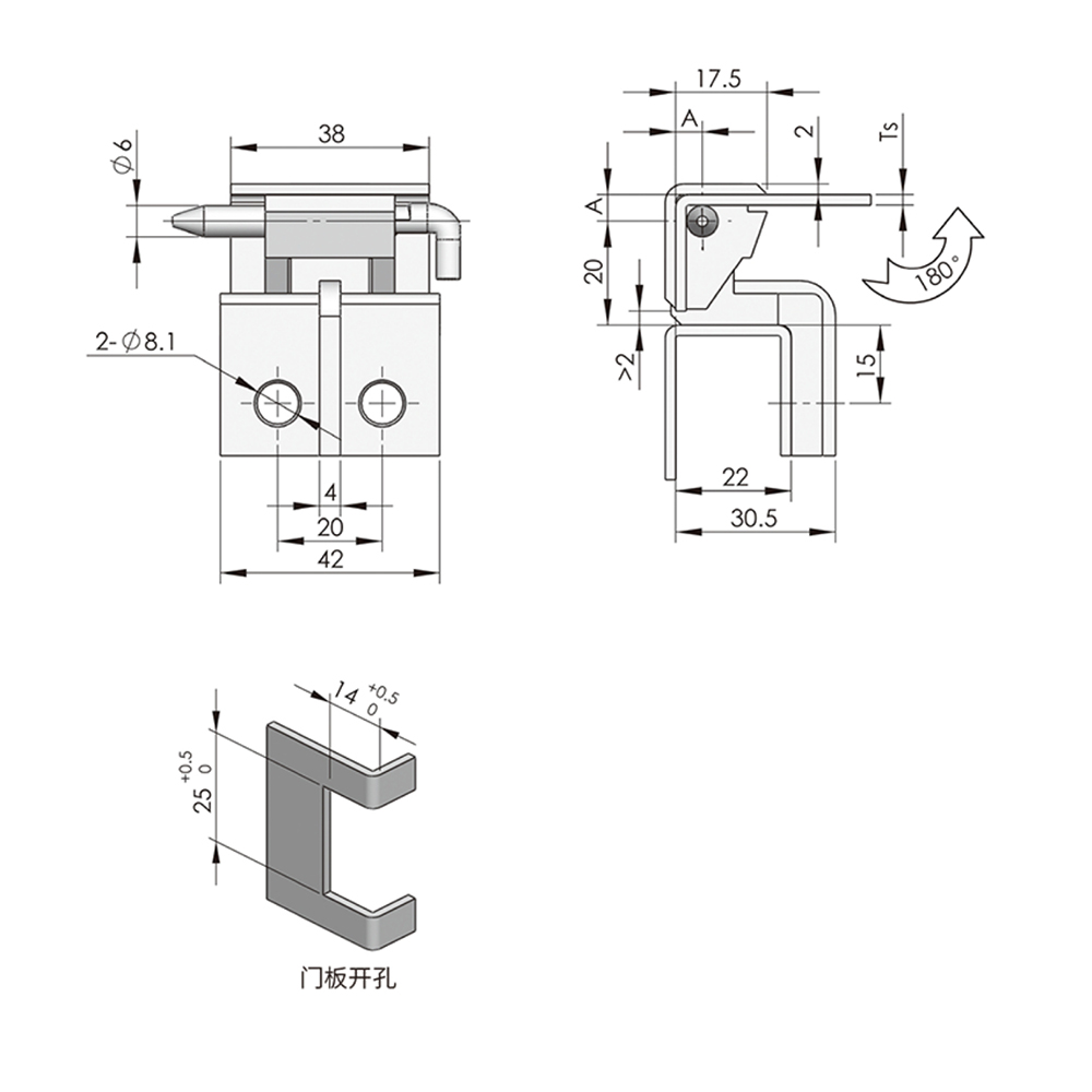 CL255 Series Adjustable Panel Hinge, 180° Opening, Black Matte Finish