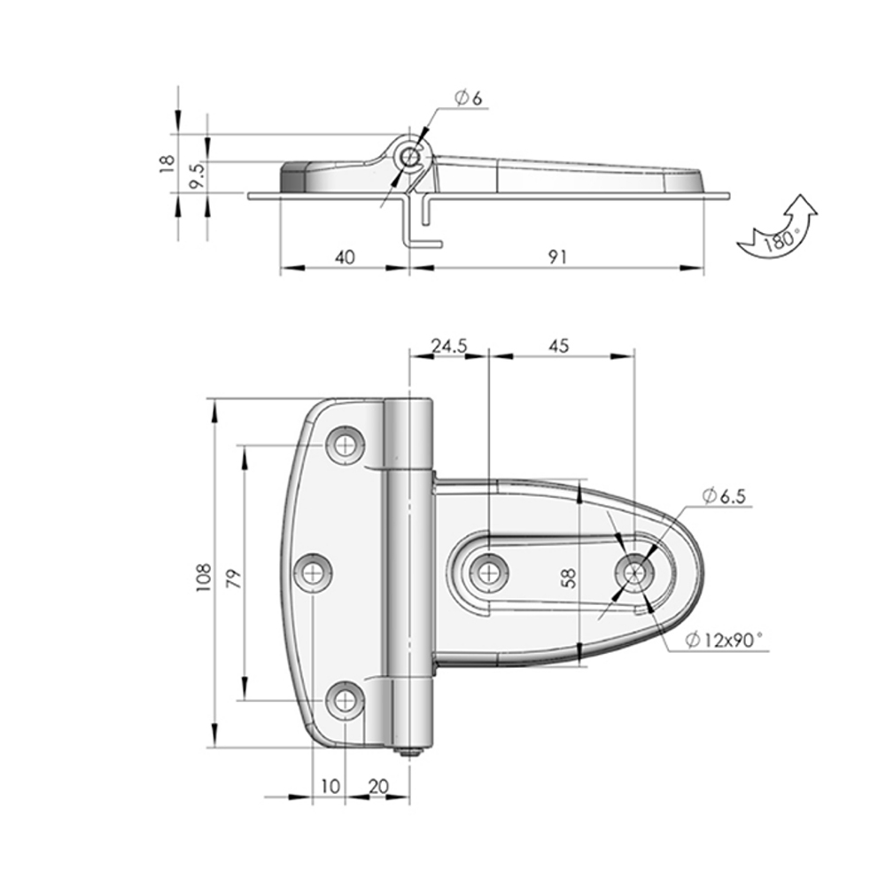  CL108 Black PA Hinge with 180° Opening, 800N Radial Load Capacity