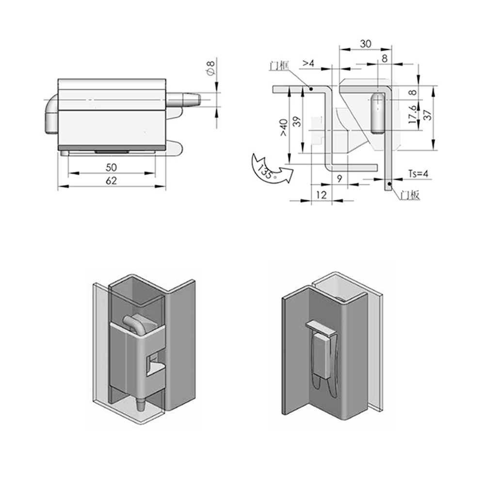  CL154 Industrial Concealed Hinge, 135° Opening, Blue-Grey Finish, High Load Capacity