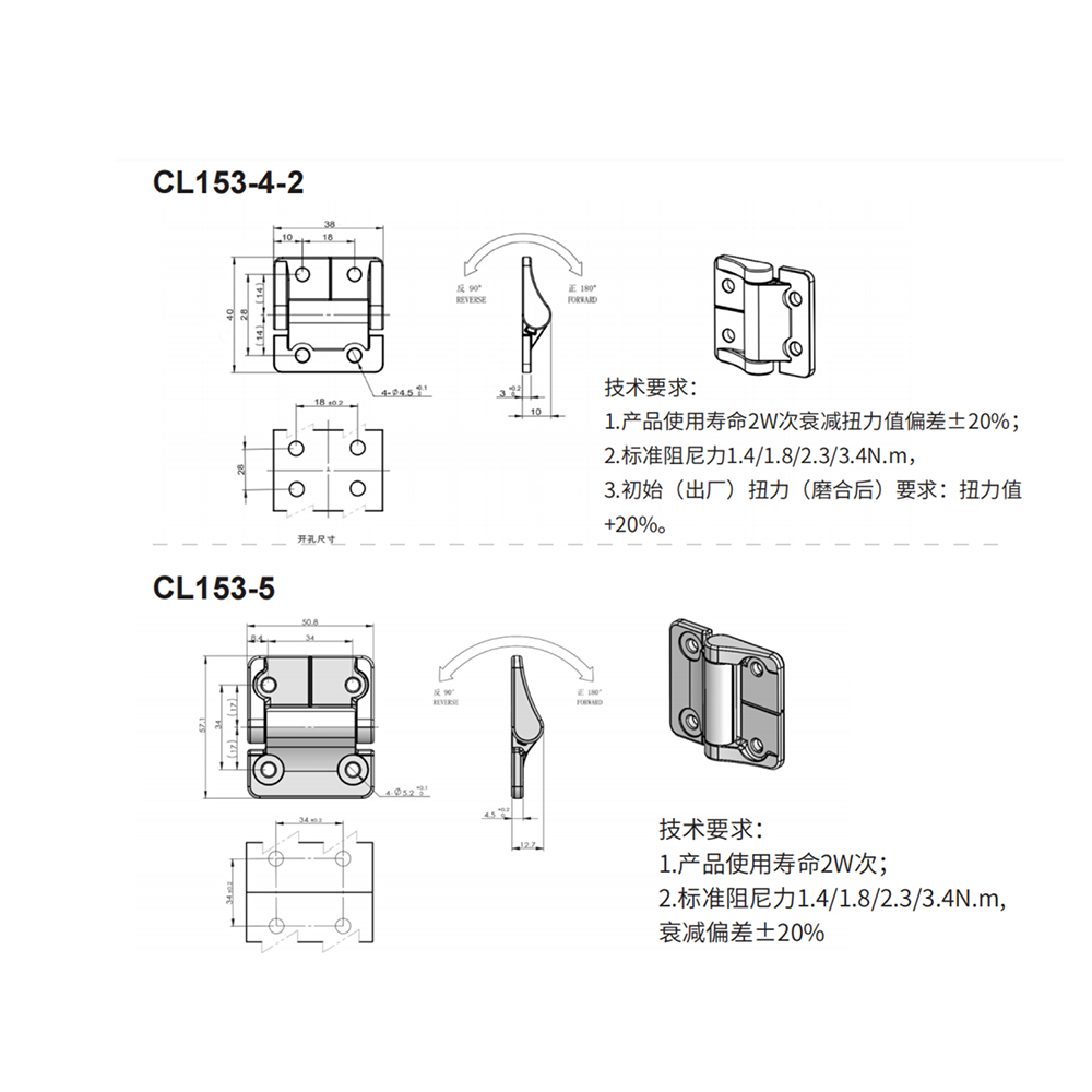  CL153 Series Torque Hinges, Black Coating, 90° and 180° Reversible Rotation