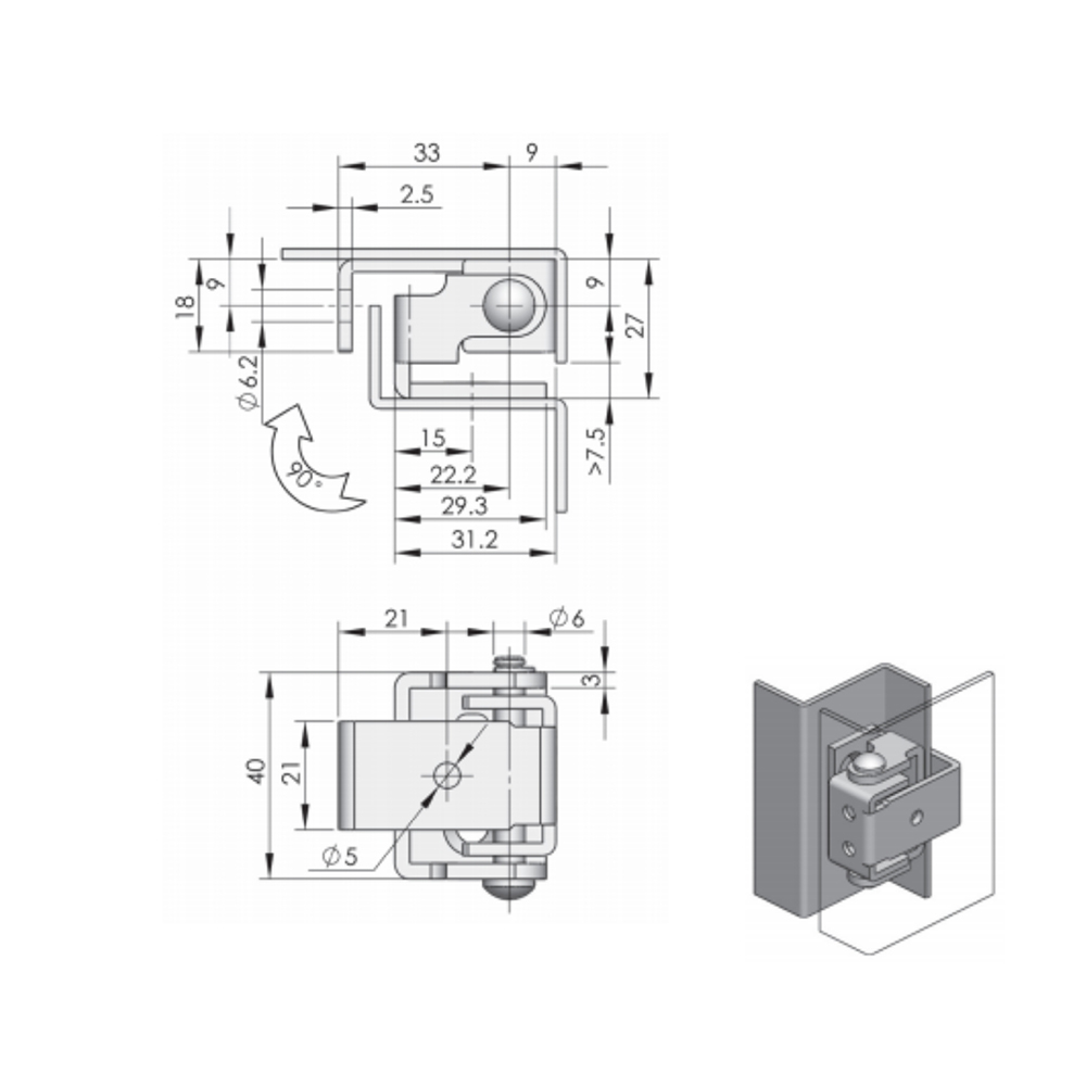 CL207 Carbon Steel Hinge, 90° Opening