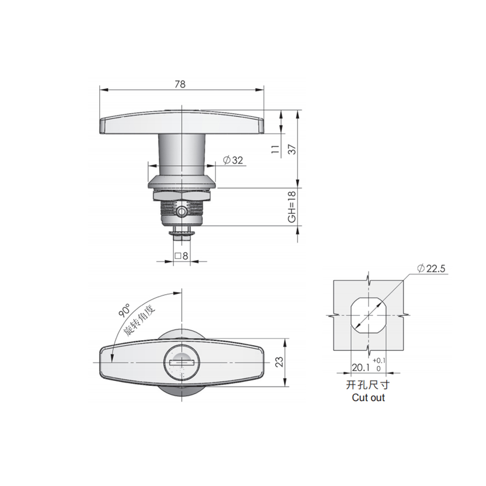 MS324-2 T-Handle Cam Latch Lock with Zinc Alloy Base and Steel Cam